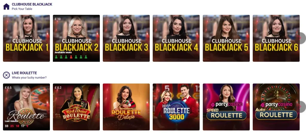 Party Casino table games
